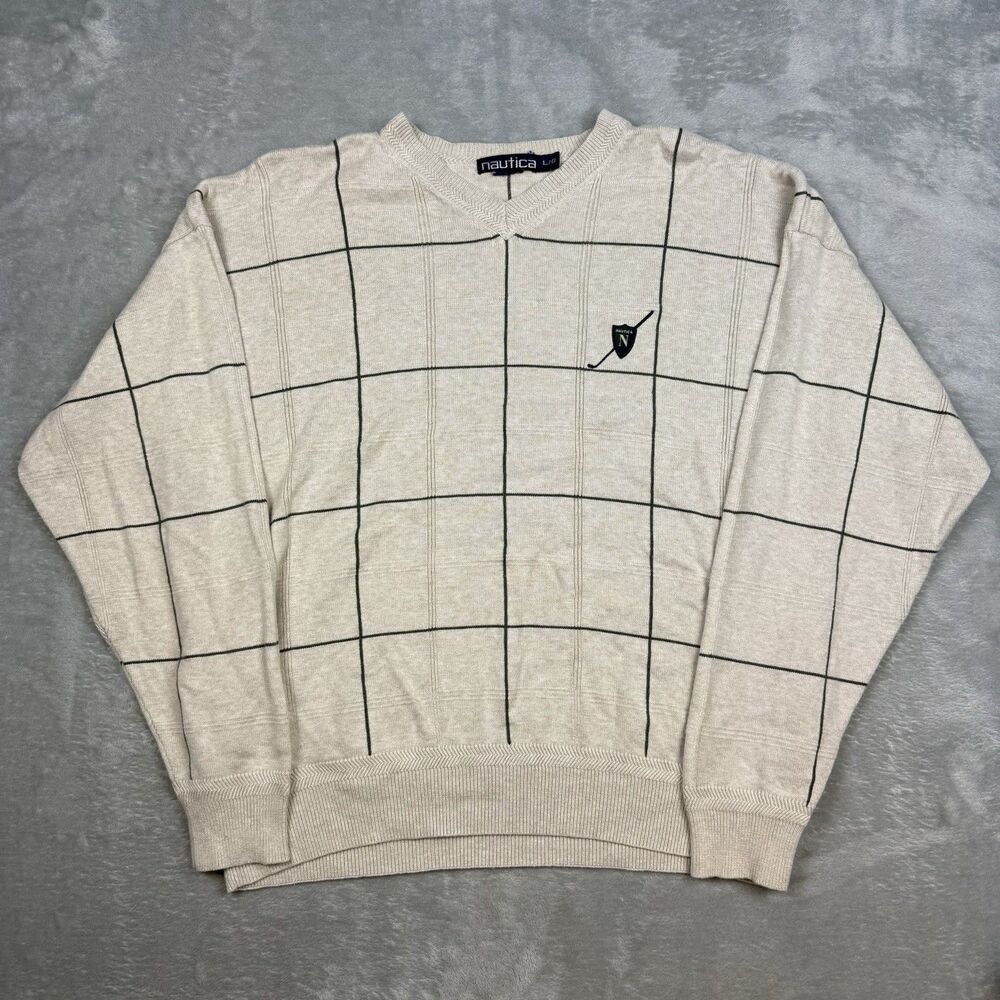 Vintage Nautica V-Neck Sweater Mens Large Beige Windowpane Plaid 90s Preppy